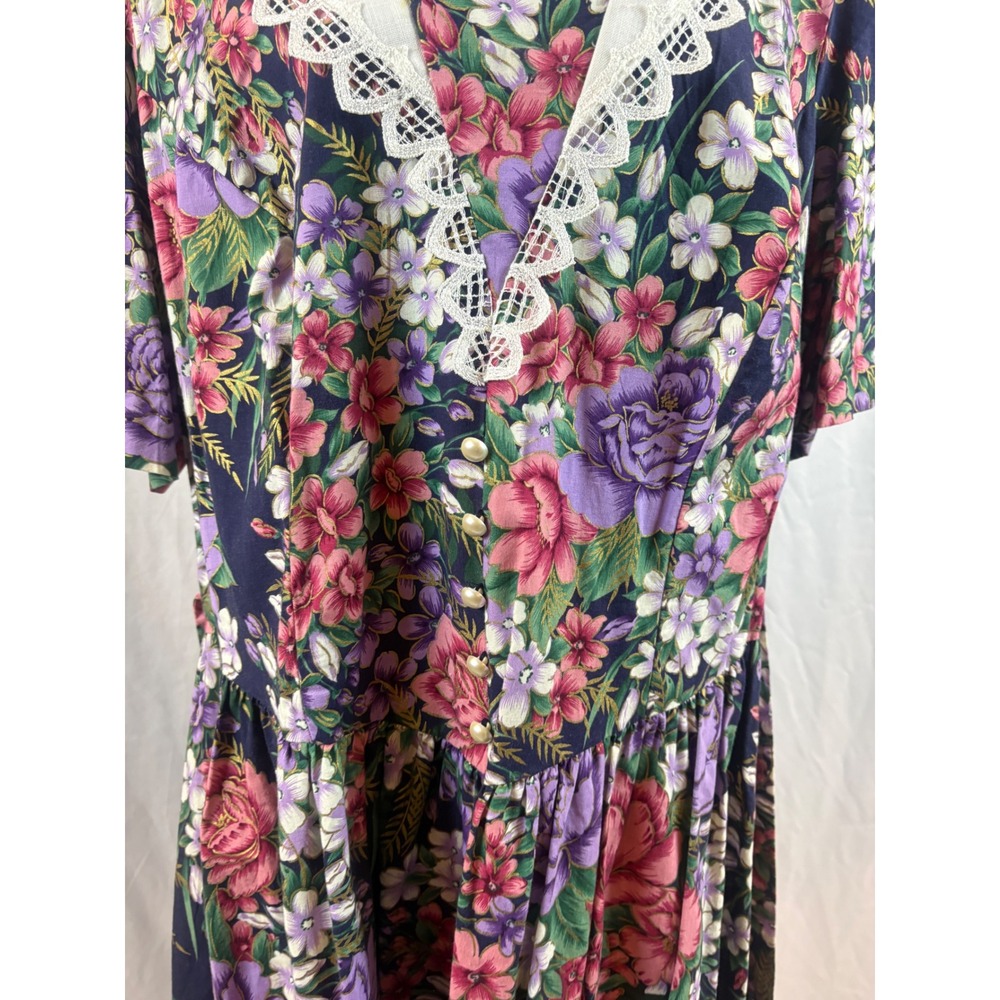 Sweet Reason Vintage Floral Midi Dress Lace Collar Pearl Buttons Navy Plus 22W - Picture 7 of 16